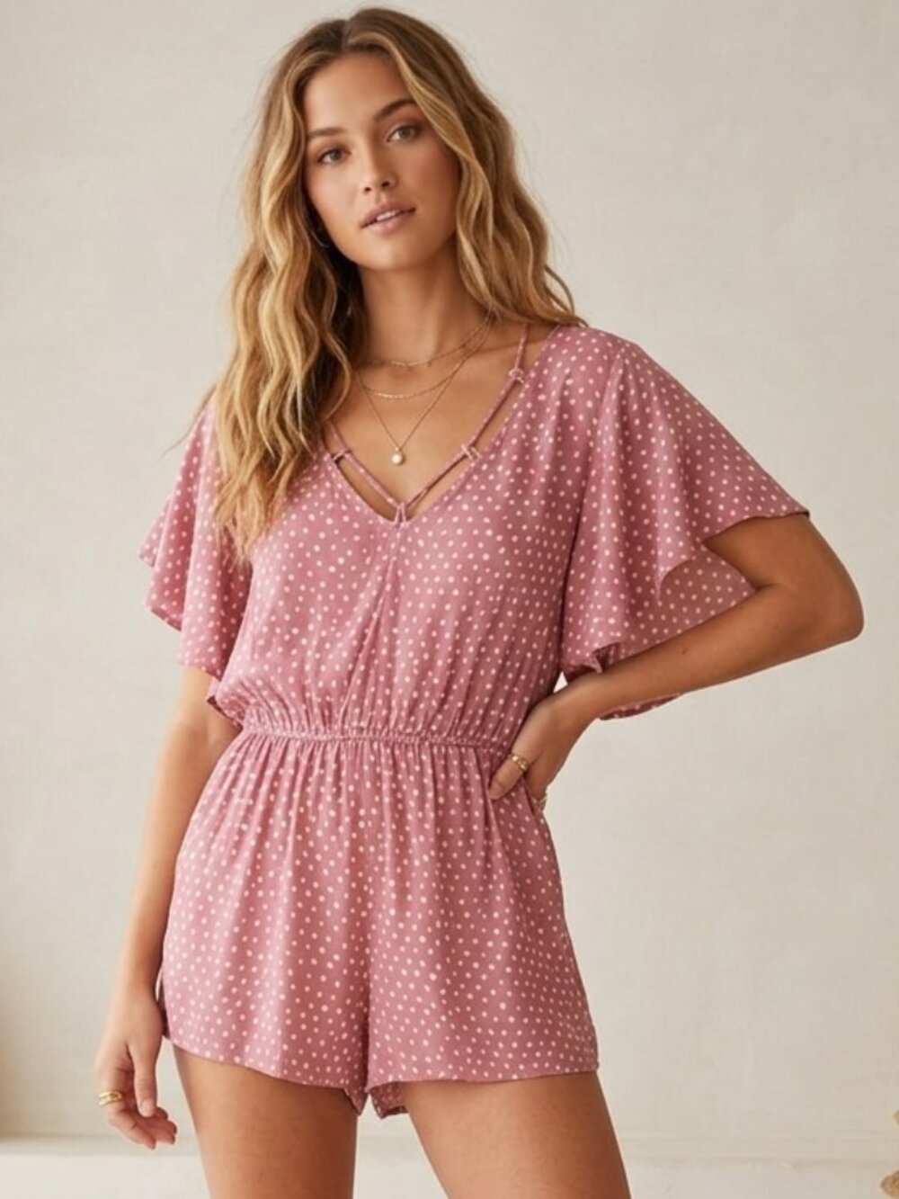 Billabong romper Medium open-back tiered ruffle sleeve dusty rose white polkadot